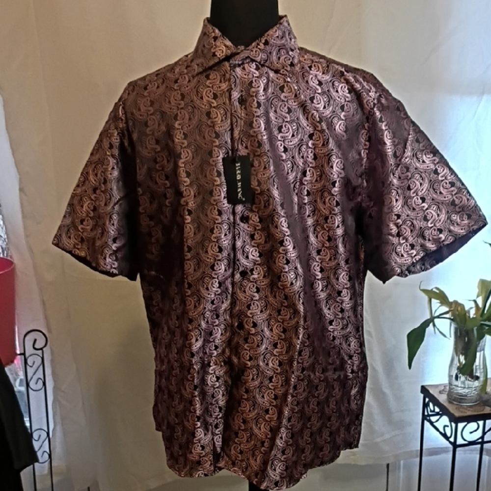 Berry Wang Elegant Paisley Button Down Short Sleeve Shirt - Purple